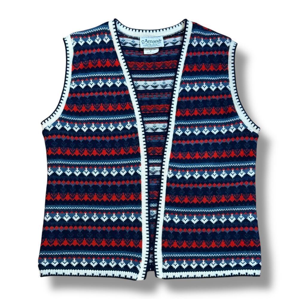 Vintage Amana Sweater Vest Womens Red White Blue Knit Fair Isle Open Front Sz M